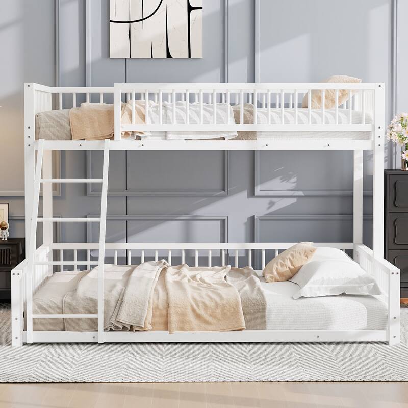 Floor Bunk Bed Heavy Metal Bed Frame with Ladder and Safety Guardrails, Detachable Bunkbeds Design Converts to 2 Platform Beds
