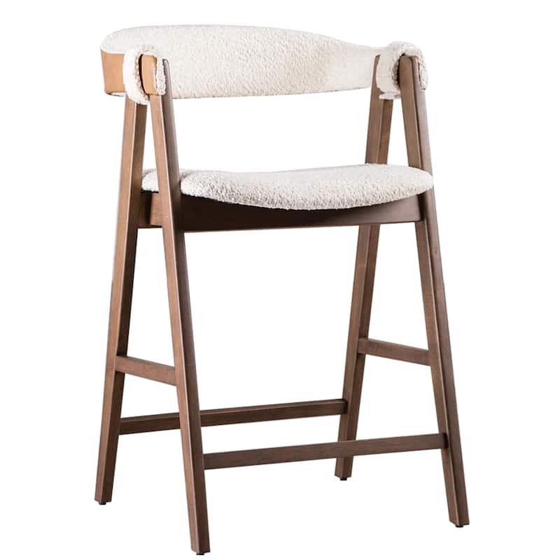Ebik Counter Stool Chair Set of 2, Walnut Brown Wood, Beige Boucle