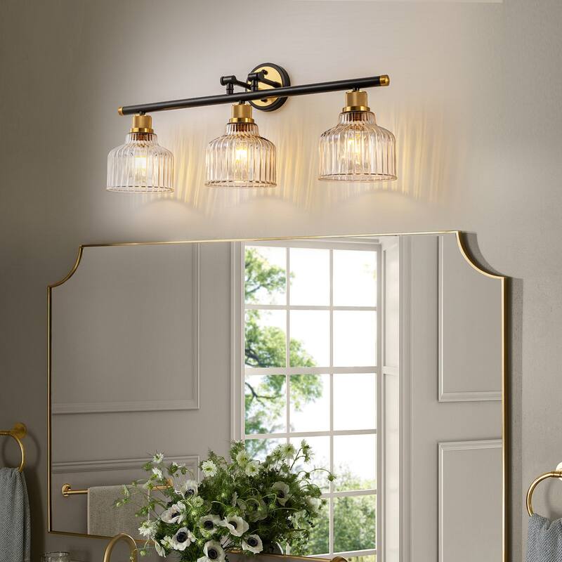 3-Light Black and Gold Bathroom Vanity Light with Clear Glass Shades, Modern Wall Sconce Fixture