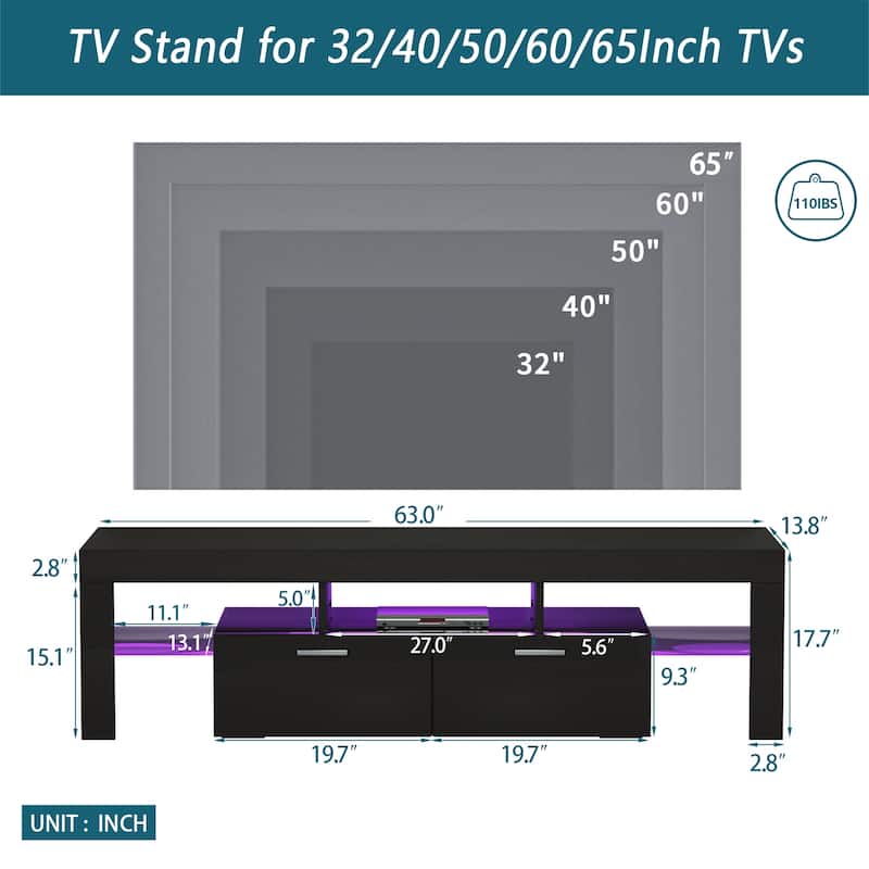 Modern TV Stand with 16-Color LED Lights, Remote Control, Strong Cabinet Support, Fits 65-Inch TVs