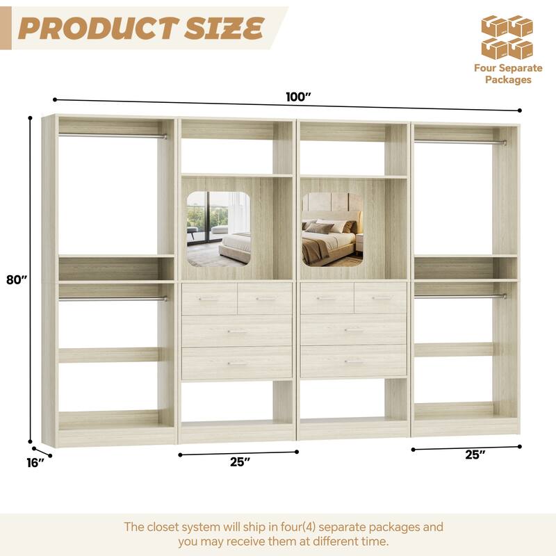 Set of 4 Closet System with 4 Drawer and Hanging Rods, Freestanding Closet Organizer with Storage Shelves