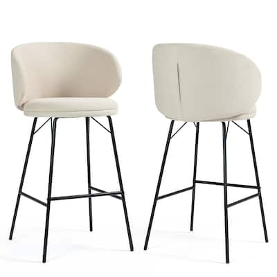 Set of 2 Baxter White Boucle Fabric Bar Stool with Black Iron Legs
