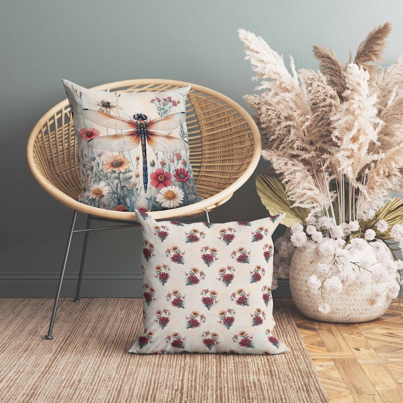 Wildflower Dragonfly Indoor/Outdoor Reversible Throw Pillow Red and Orange