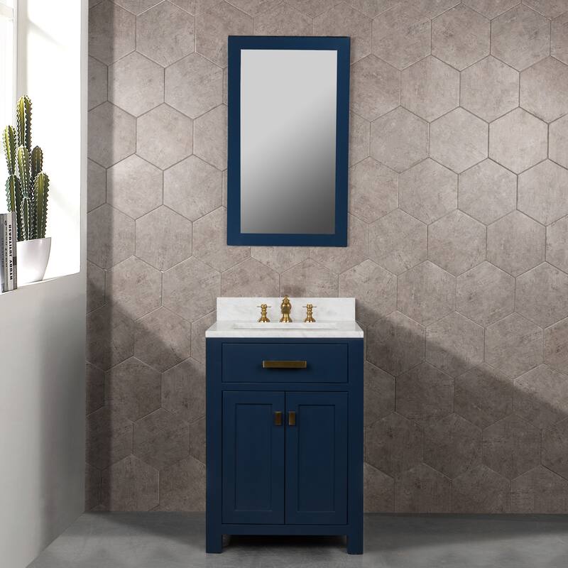 Madison 24-inch Monarch Blue Single Sink Carrara White Marble Vanity - Assembly Required - Vanity with Mirror and F2-0013-06-FX Faucet