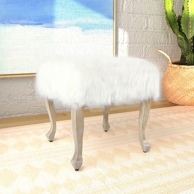 The Curated Nomad Yorba Faux Fur Ottoman with Wood Legs - White