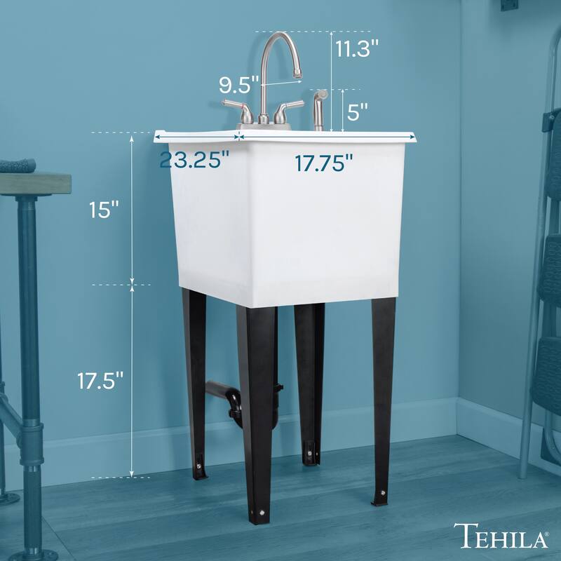 TEHILA White 16-Gallon Space Saver Utility Sink Laundry Tub with Gooseneck Faucet