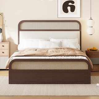 Queen Size Platform Bed with Trundle, Pine Wooden Bed with 2 Drawers, Kid's Bed with Rattan Headboard, Brown