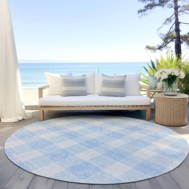Machine Washable Indoor/ Outdoor Chantille Plaid Rug - Sky - 8' x 8'