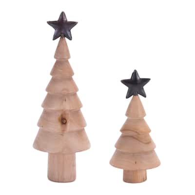 Set of 2 Rustic Wood and Iron Pine Trees for Holiday Decor - 3.25” x 3.25” x 9”