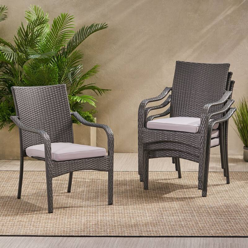 Outdoor PE Rattan Stacking Chair with Iron Frame(Set of 4)
