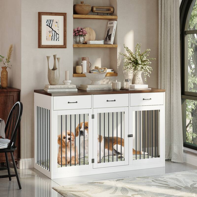 Modern Wooden Dog Crate Furniture, Pet Dog Cage with 3 Drawers