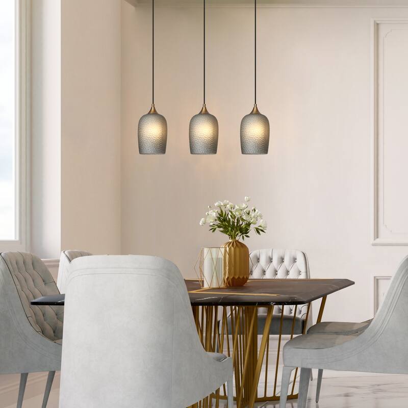 Modern Farmhouse 3-Light Island Chandelier with Gray Glass Shades for Kitchen Island Dining Room - W28" x H70.3" Max
