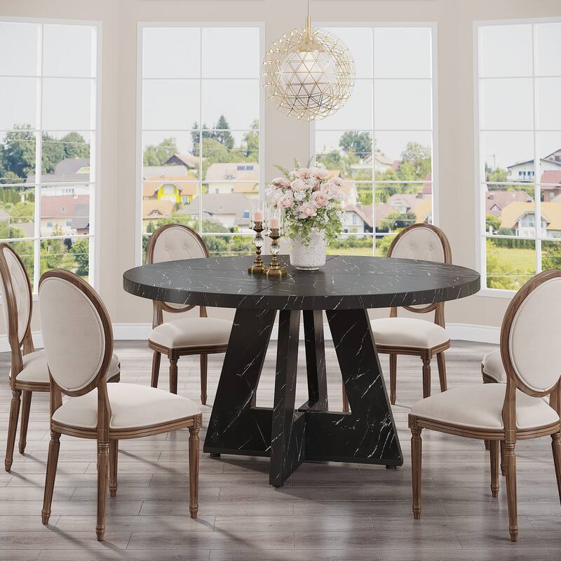 47 Inch Round Dining Table for 4, Wood Farmhouse Dinner Dinning Table