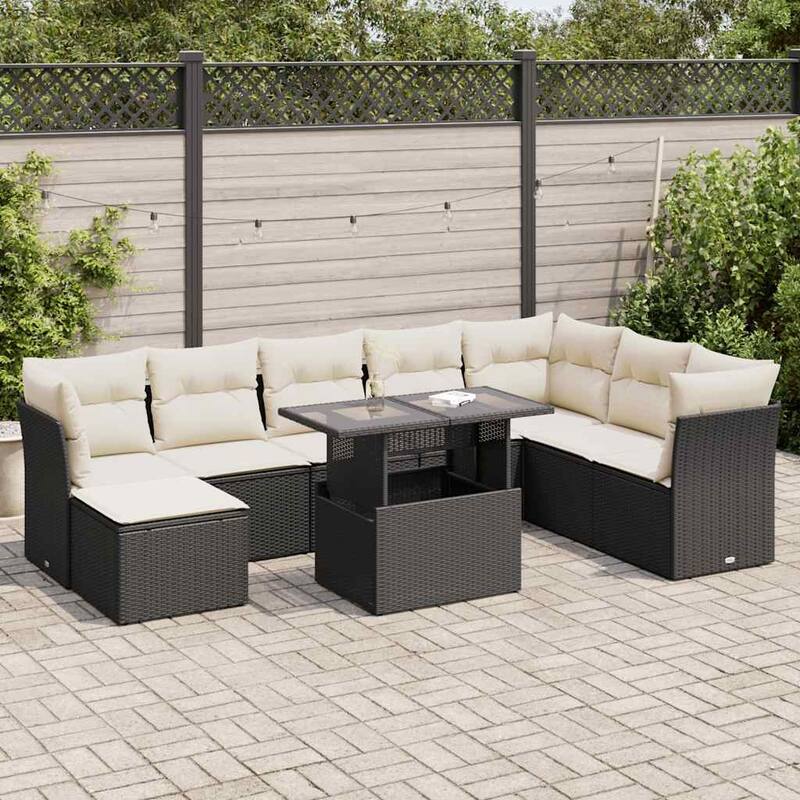 vidaXL Patio Sofa Set with Cushions Outdoor Furniture 9 Piece Poly Rattan - 21.7 x 39.4 x 28.7 in - Black and cream with storage