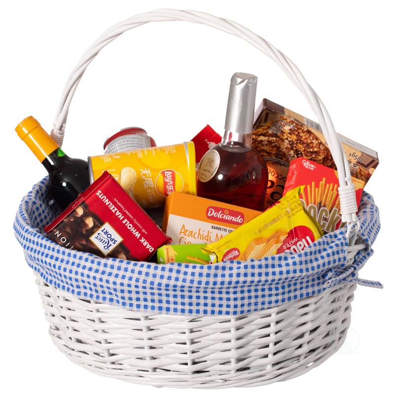 Traditional White Round Willow Gift Basket with Gingham Liner and Sturdy Foldable Handles, Food Snacks Storage Basket