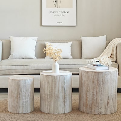 3-Piece Set, Modern Round Coffee Table Side Table Flower Stand with White Wooden Finish, for Living Room