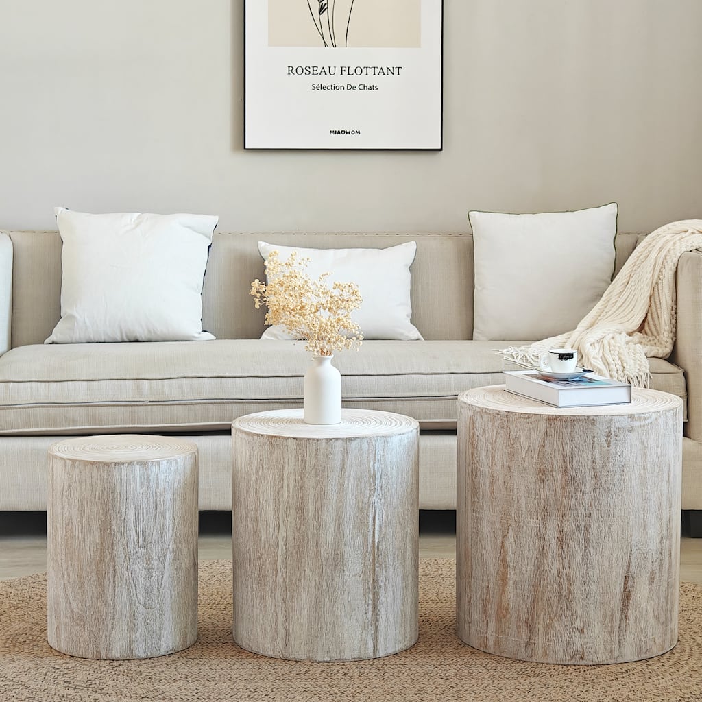 3-Piece Set, Modern Round Coffee Table Side Table Flower Stand with White Wooden Finish, for Living Room