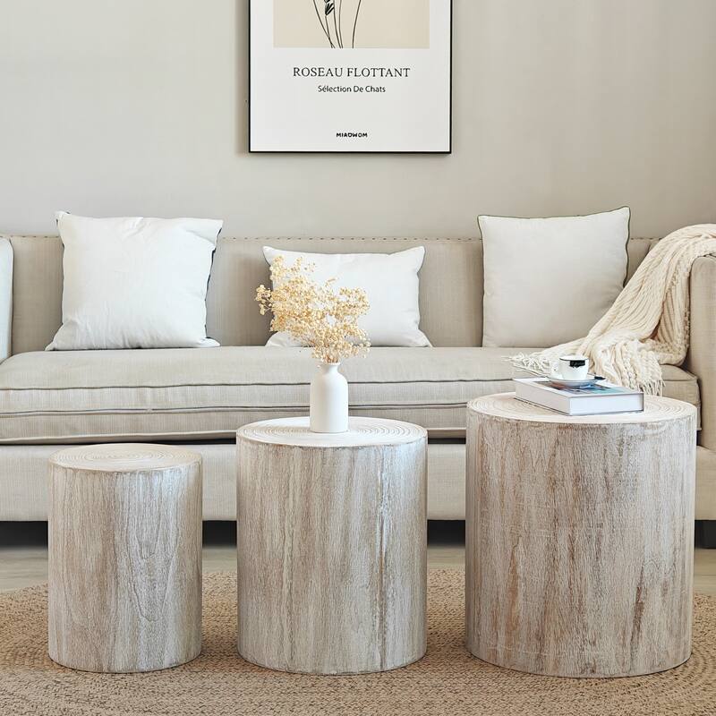 Roomfitters Round Wood Coffee Table Set of 3 with Natural Finish, Nesting Accent & Side Tables, Tree-Stump Design