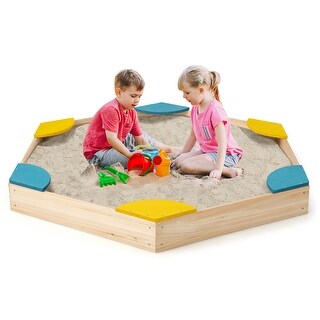 Outdoor Wooden Sandbox with Seats Bottomless Sandpit for Kids Aged 3+