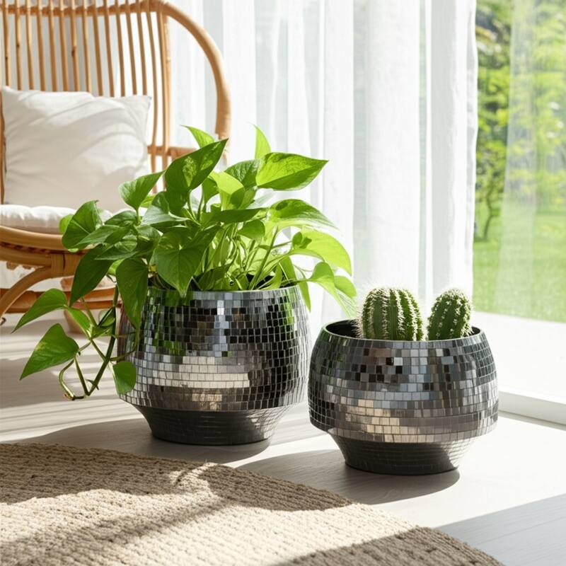 Metal Planters Mirrored Mosaic Surface Modern Accent Home (Set of 2)