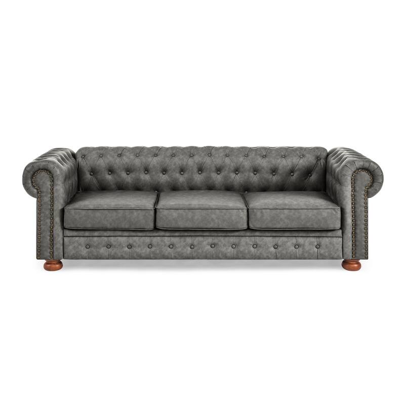 PU Leather Upholstered Deep Seat Sofa Chesterfield 3 Seater Button-Tufted Lounge Couch with Nailhead Trim Scrolled Arms