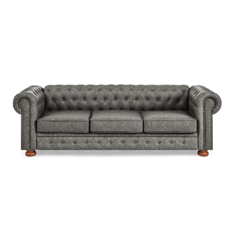 Roomfitters Chesterfield Tufted Linen Upholstered 3-Seater Sofa with Scrolled Arms and Nailhead Trim