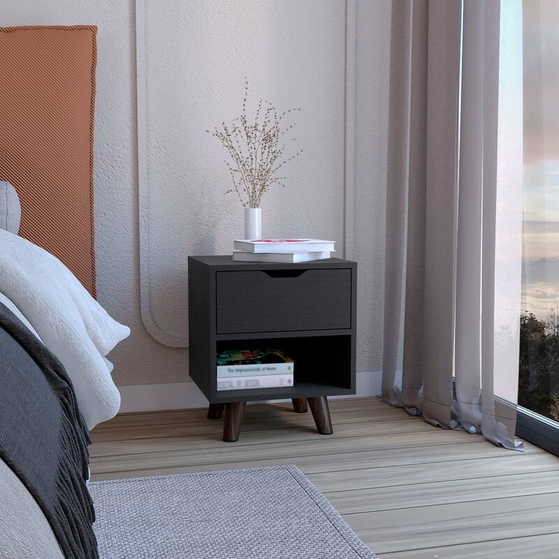 Black Nightstand with Drawer and Open Shelf - Modern Bedroom Storage - Black - 1-drawer
