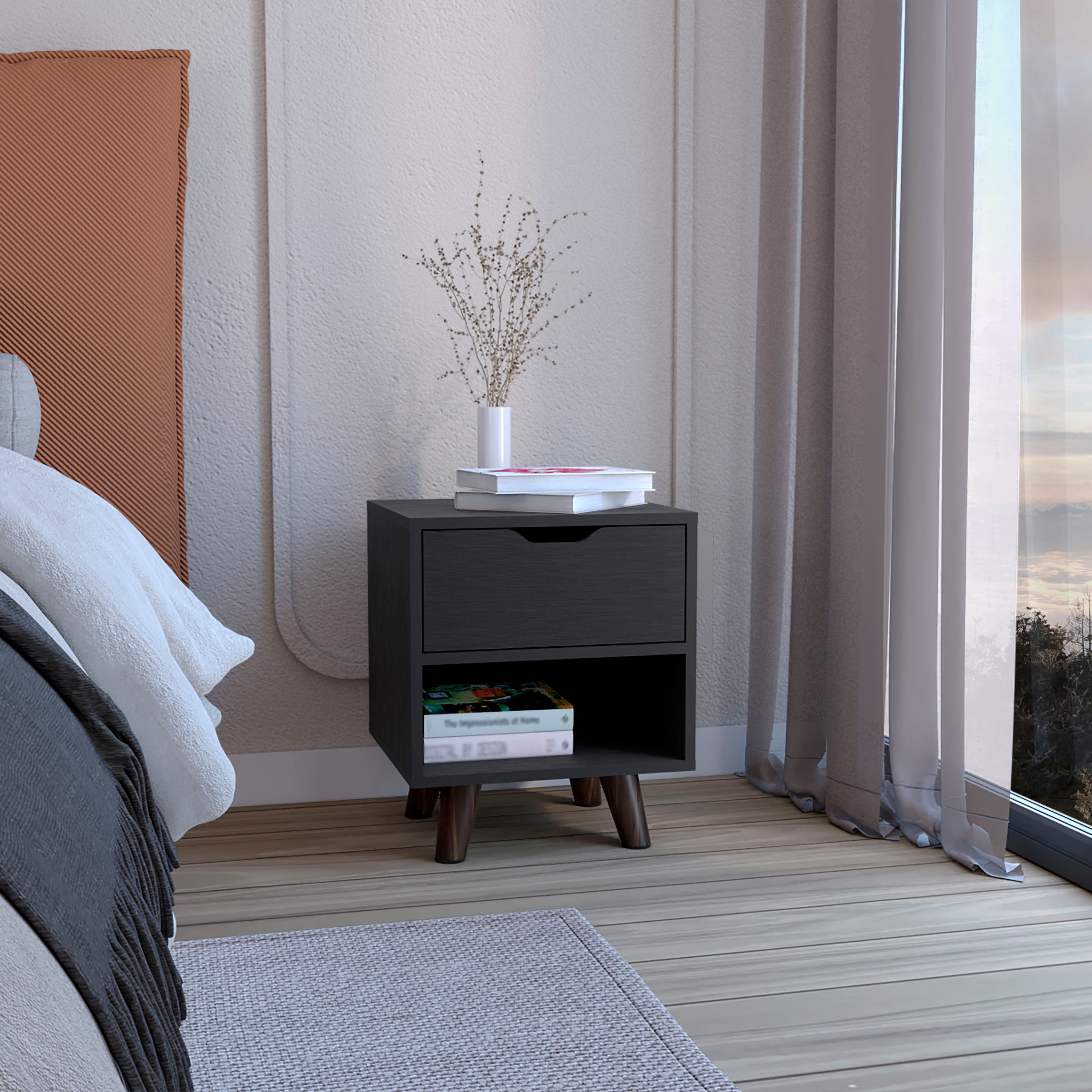 Nightstand with Open Shelf, Drawer, and Wooden Legs - Black