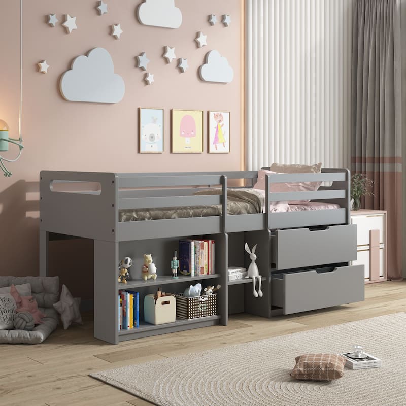 Twin Loft Bed with Built-In Drawers and Open Shelves, Space-Saving Design with Fixed Ladder and Slat Support, Gray Wood Finish - Gray