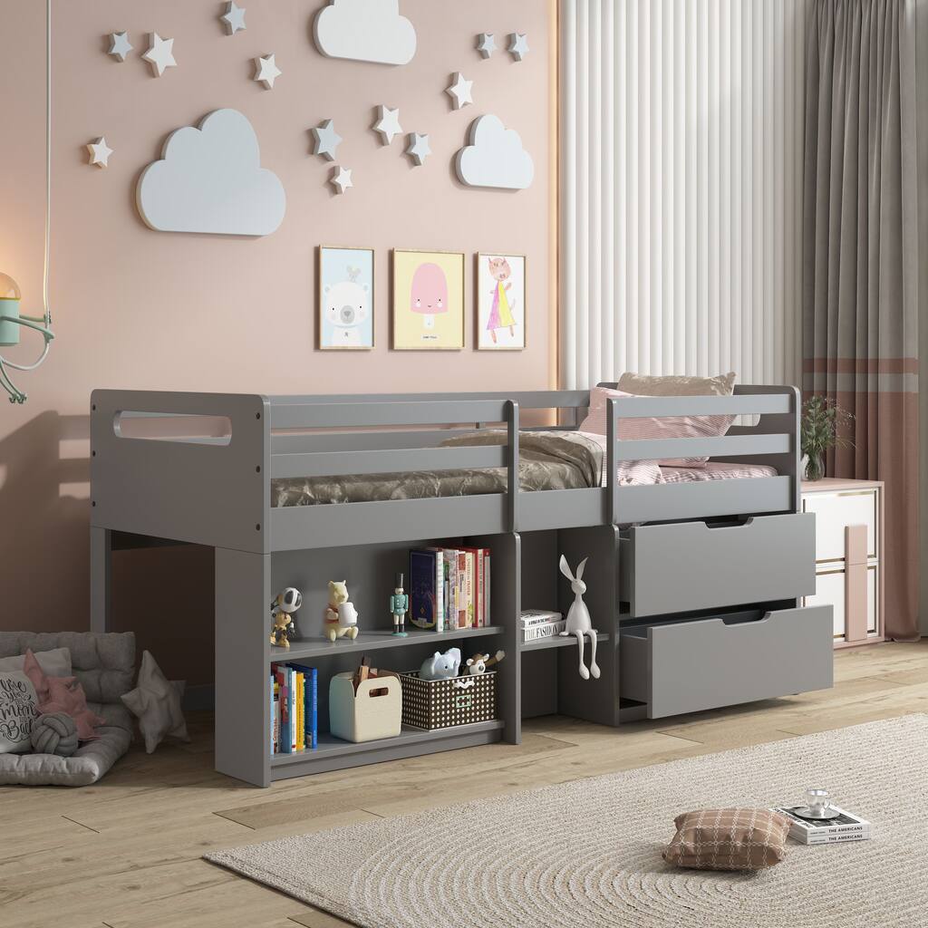 Twin Loft Bed with Built-In Drawers and Open Shelves, Space-Saving Design with Fixed Ladder and Slat Support, Gray Wood Finish