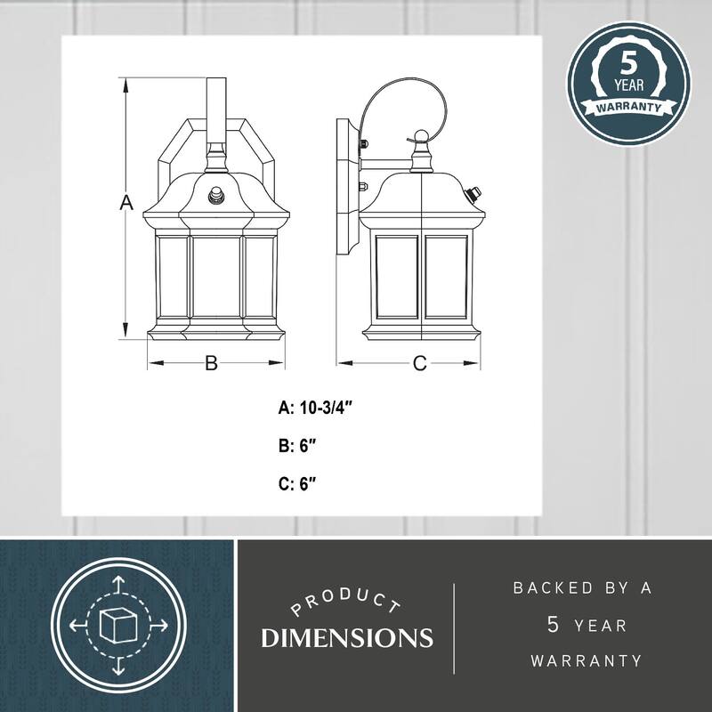 VAXCEL Wellington 1-Light Med Bronze Dusk to Dawn Sensor Outdoor Wall Sconce, Rust-Resistant Aluminum, Clear Seeded Glass Shade