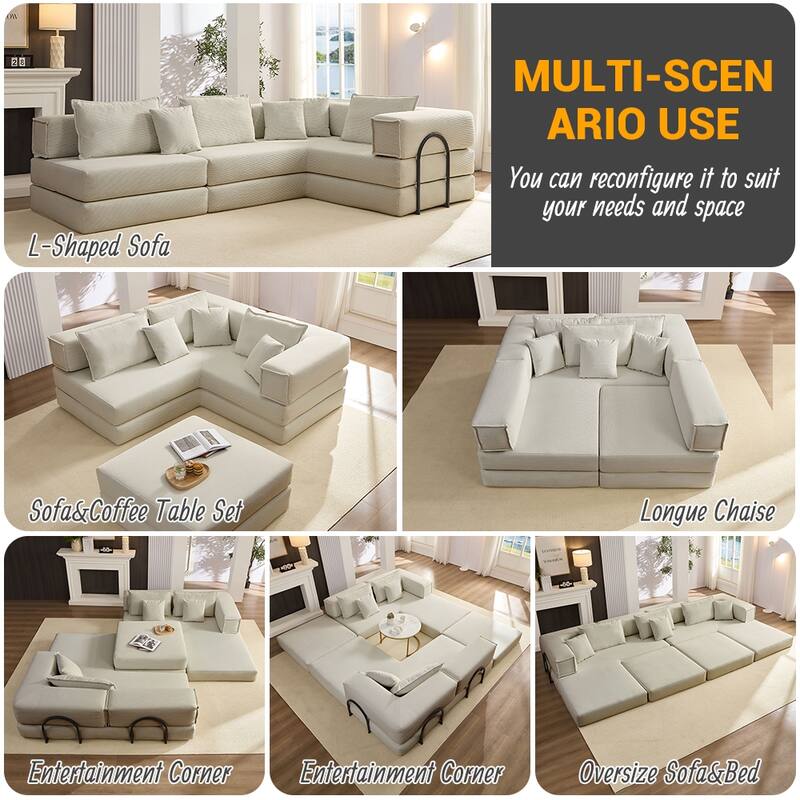 118.2" Oversized Modular Foldable Floor Sofa Couch, Corduroy Upholstered Convertible Sectional Sofa Bed w/ Pillows for Apartment