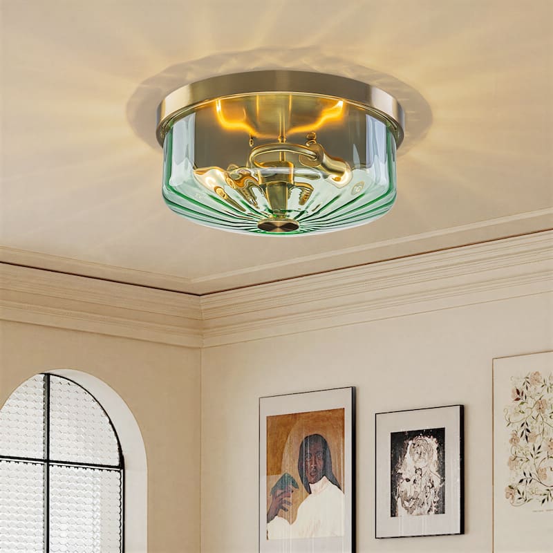 Industrial 2-Light Flush Mount Ceiling Light with Ribbed Glass Shape - 11.8-in W x 5.12-in H - Green