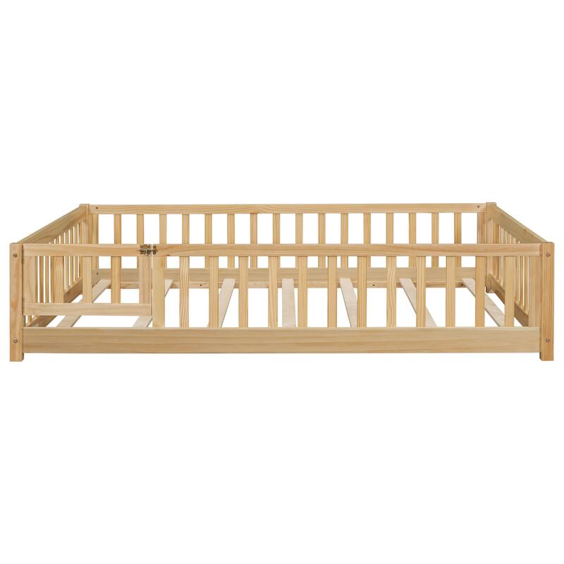 Floor Bed with Fence,Door and Safety Guardrails,Ideal for Kids' Play and Sleep - Natural-Full Size