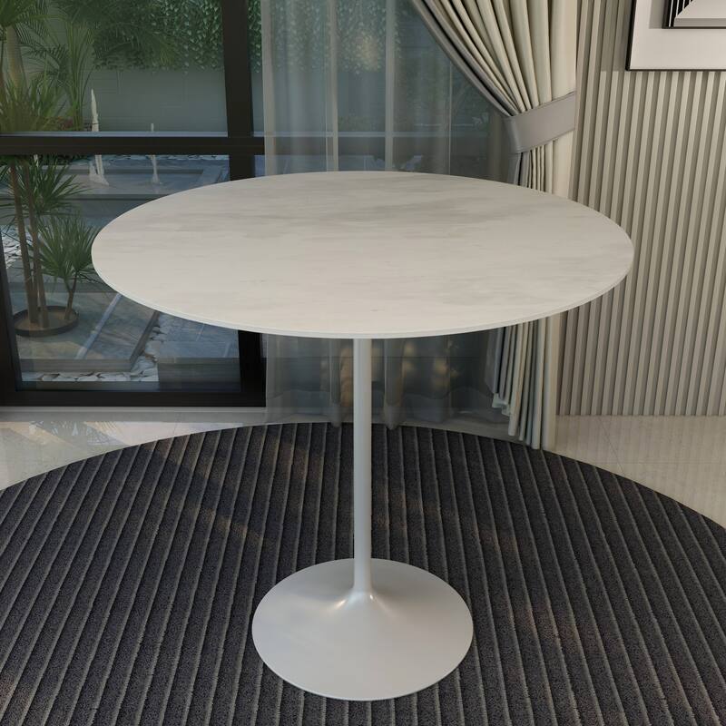 LeisureMod Verve 48" Round Bar Dining Table with Stone TableTop and White Steel Base for Kitchen & Dining Room