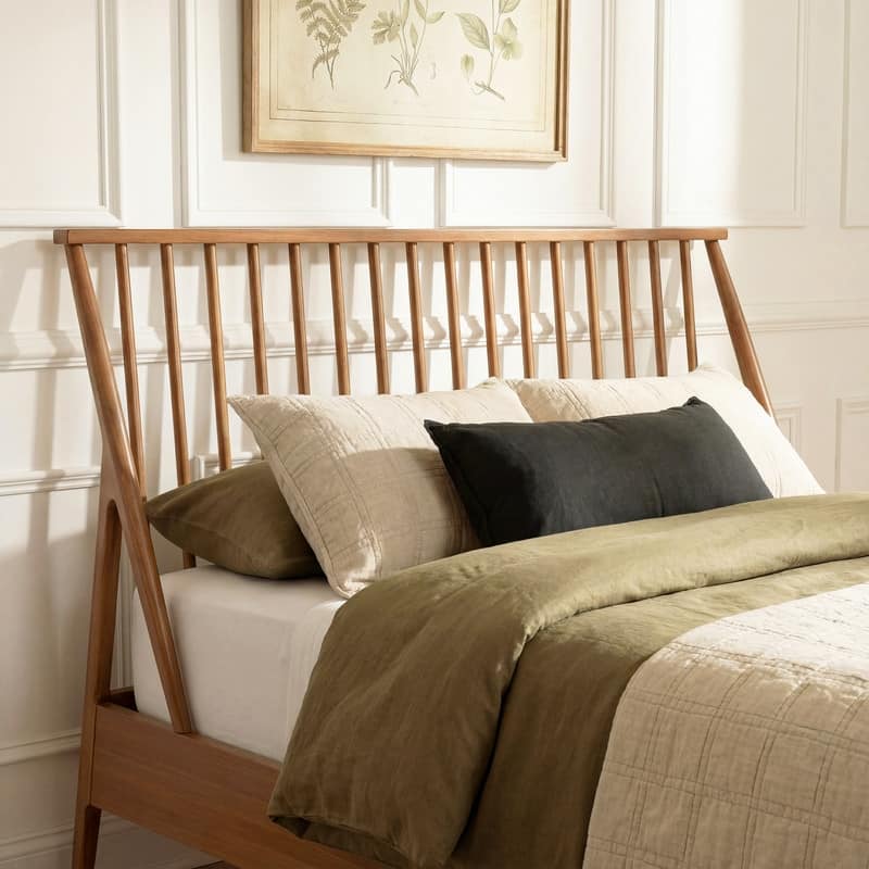 Bohemian Bamboo Spindle Platform Bed Frame with Wooden Slats and Metal Support, No Box Spring Needed, Low Profile Wingback Bed