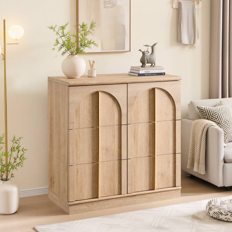 Buffet Cabinet with Arched Doors, Wood Sideboard with Adjustable Shelf - Natural Oak