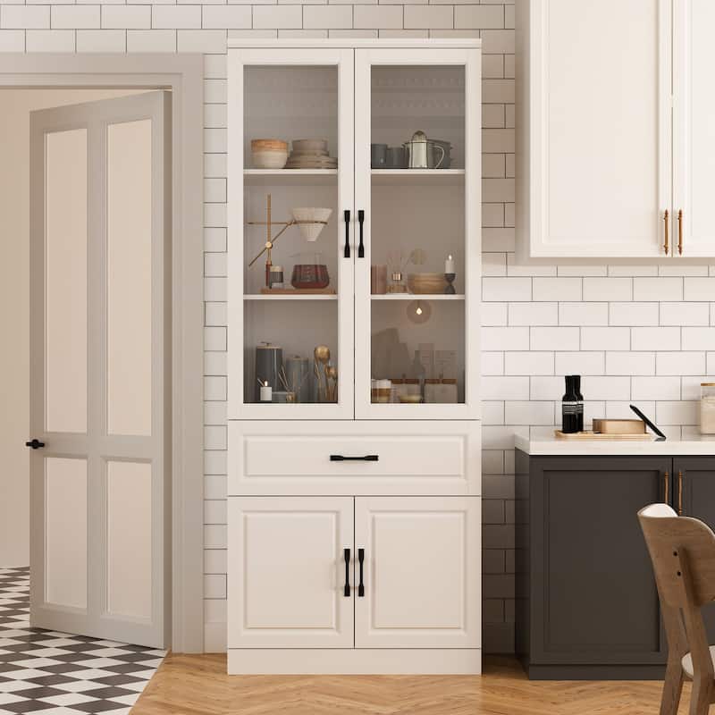78.7"Modular White Curio Bookcase Cabinet w/Glass Doors Buffet Display