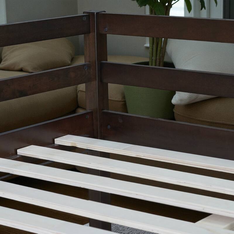 Full Size Loft Bed with Ladder, Solid Rubber Wood Frame Low Height Design with Guard Rails and Under-Bed Storage Space
