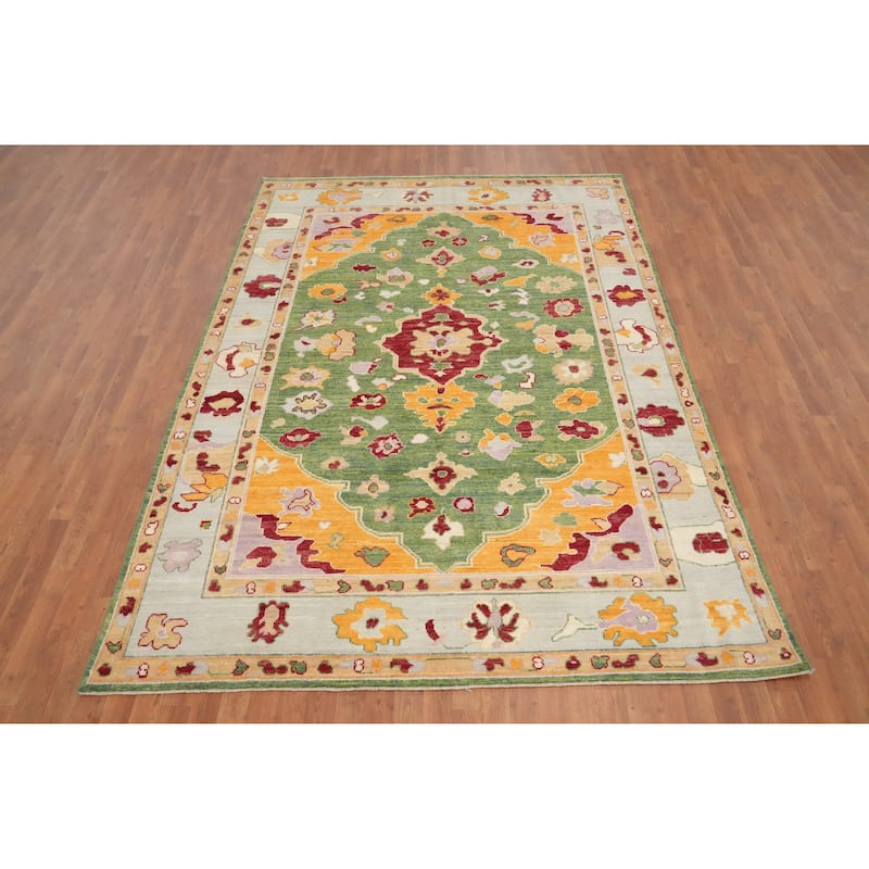Hand Knotted Oriental 100% Wool Carpet Transitional Floral Green Oushak Area Rug - 9' 9'' X 6' 11''