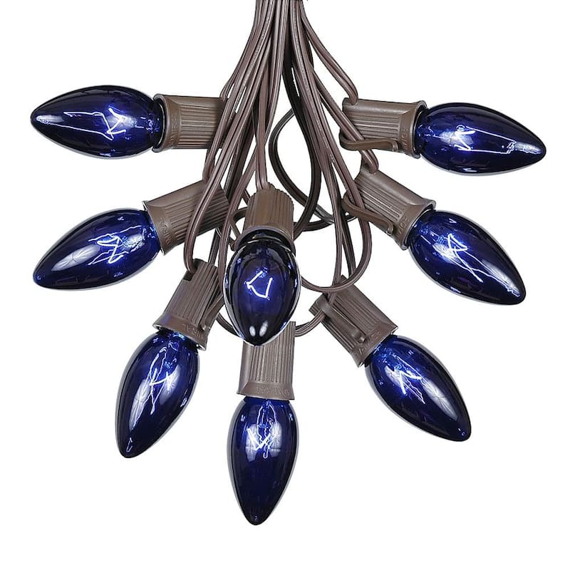 25 Foot C9 Twinkle Christmas Light Set, Hanging String Lights, Brown Wire - Blue