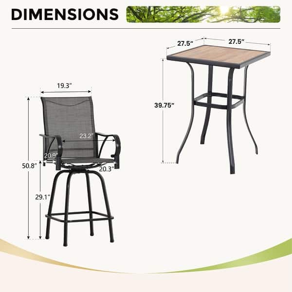 3/5-Piece Patio Bar Stool Set Wood-look Table & Grey Textilene Sling Fabric Swivel Bar Stools