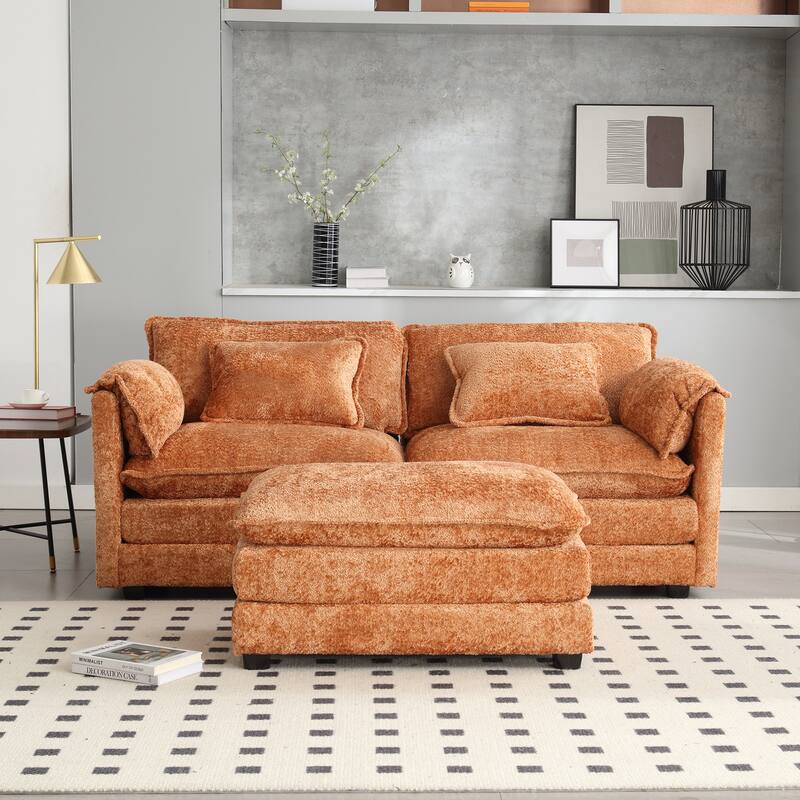 76'' Oversized Chenille Loveseat Sofa with Movable Ottoman Small Sofa for Apartment