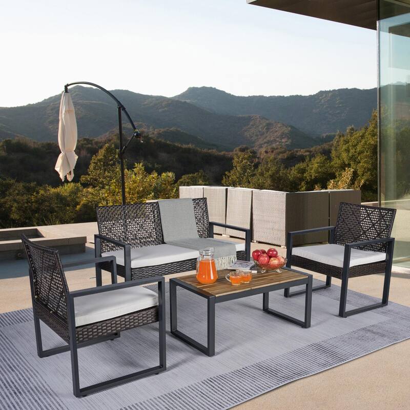 4 Pieces Patio Conversation Furniture Set Outdoor Sectional Steel Sofa with Coffee Table and Cushions