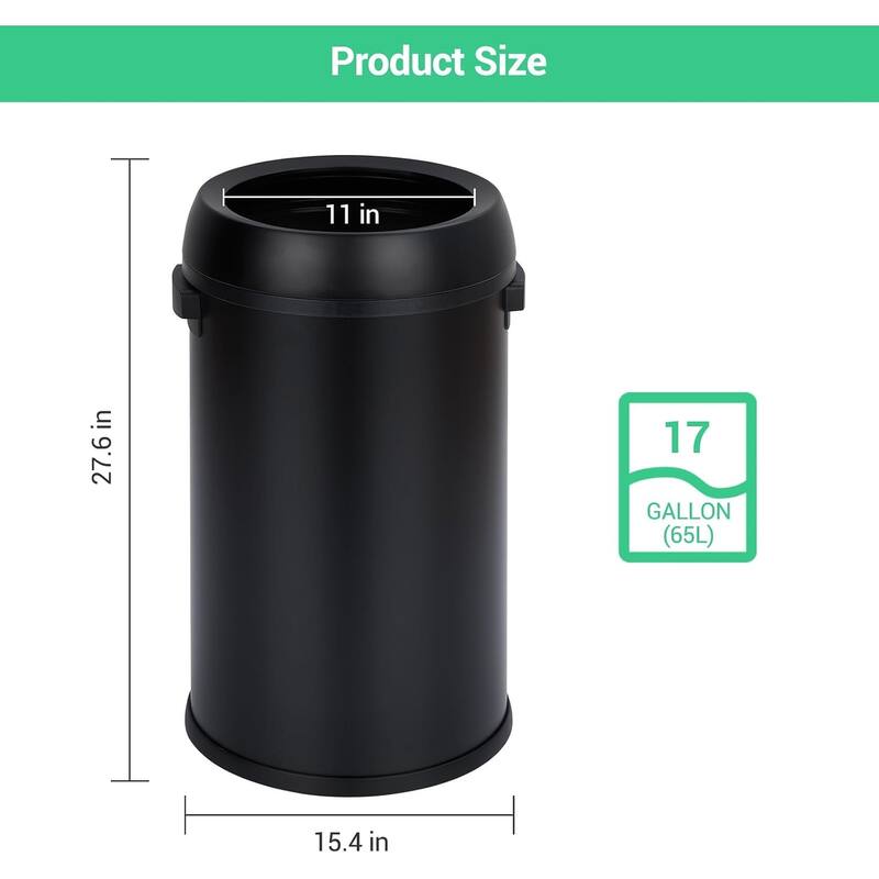 65L/17Gal Open Top Trash Can, Heavy Duty Stainless Steel Rubbish Bin