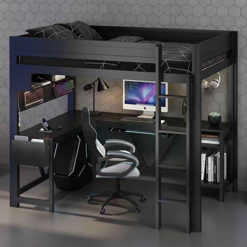 Full Size Gaming Loft Bed with LED Lighting, Built-in Desk, Storage & Charging Ports by Harper&Bright Designs