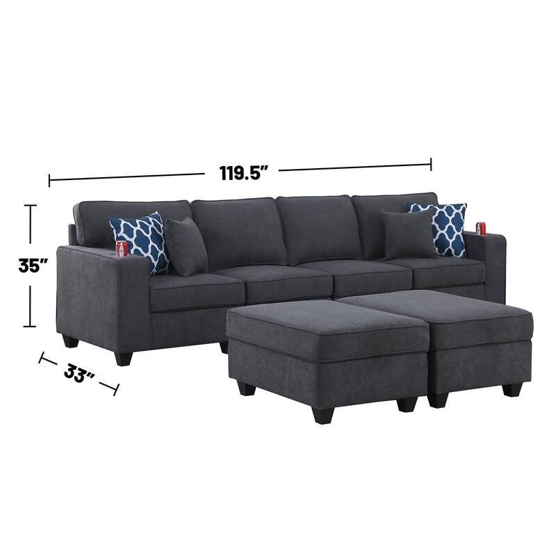 Woven Upholstered 4-Seater Sofa with 2 Ottomans in Stone Gray