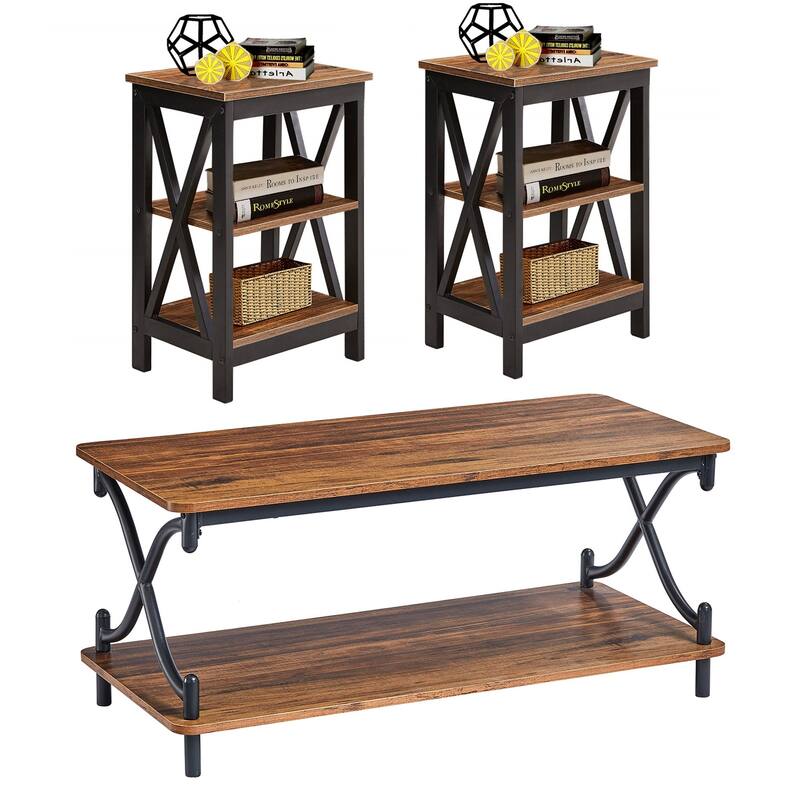 Javlergo Modern 3 Piece Coffee Table Set for Living Room Include Wood Coffee Table and End Table Set of 2 - Brown