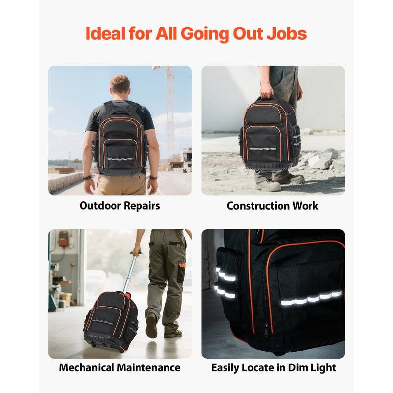 Rolling Tool Backpack with 45 Pockets and Wheels for Tools Storage - 17.3 x 9.84 x 18.89 in