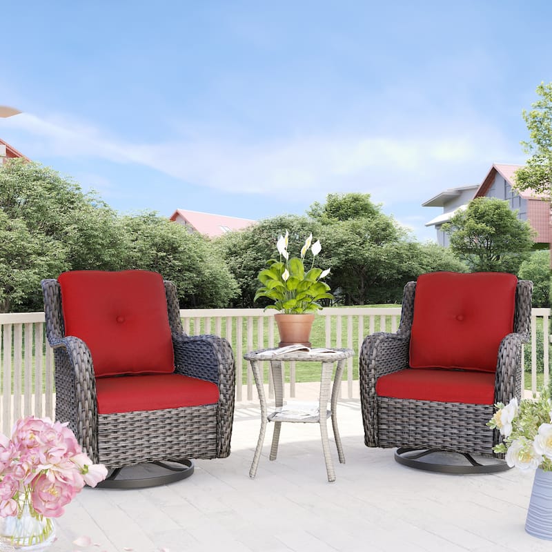 Cozywor 3-Piece Wicker Patio Swivel Outdoor Rocking Chair Set - Red